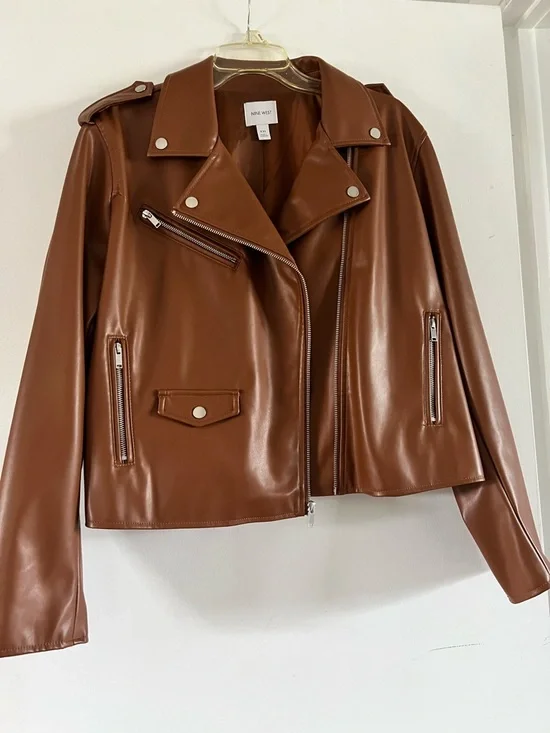 Nine West Cognac Faux Leather Asymmetrical Moto Jacket - Picture 3 of 6